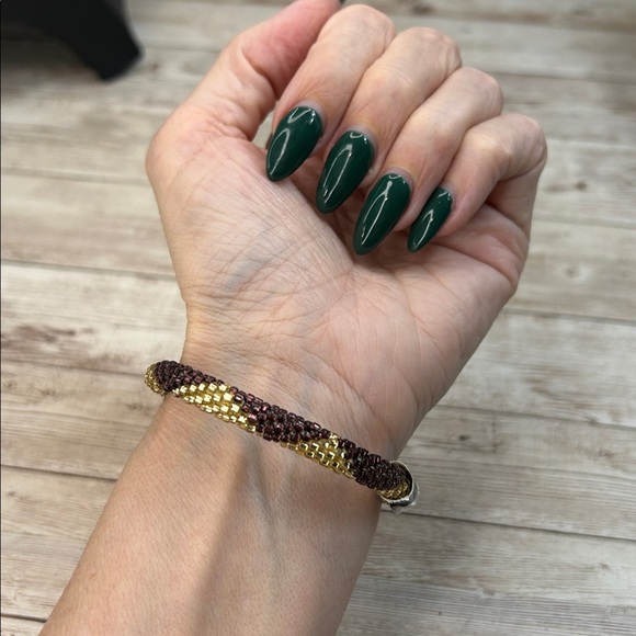 Lily & Laura Nepal Glass Handmade Roll On Gold and Brown Beaded Bracelet - Picture 4 of 6